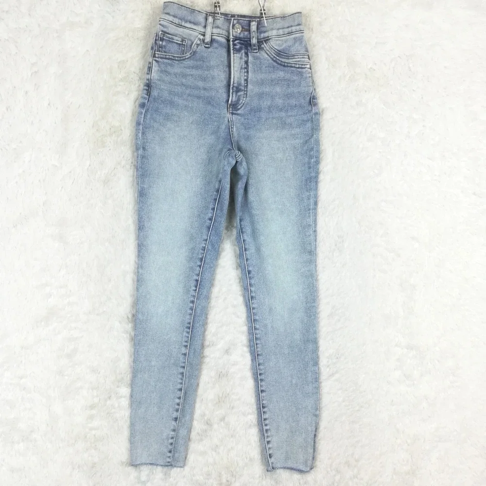 Express Womens Jeans Skinny Super High Rise Blue Denim Raw Hem‎ Light Wash 0